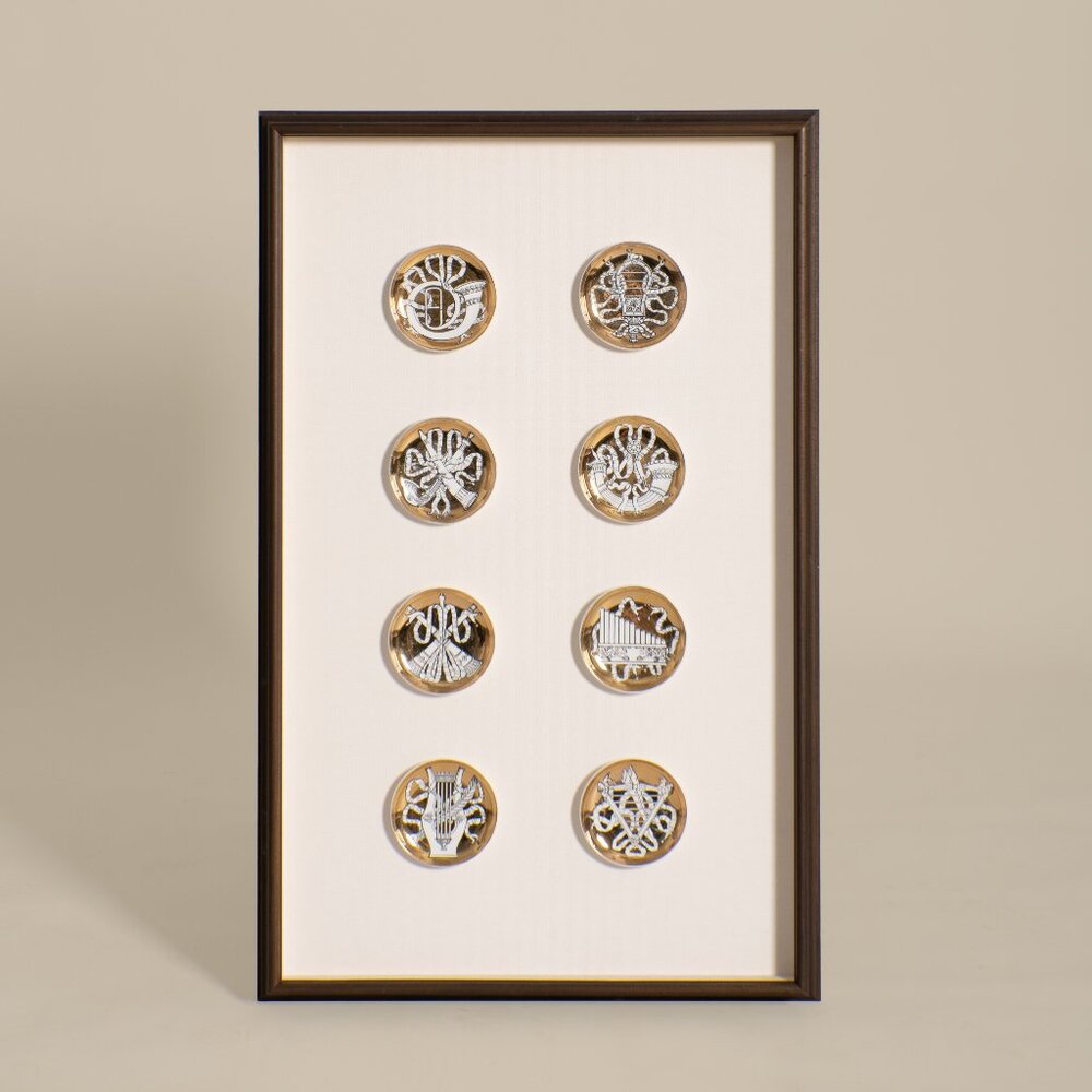 Vintage Piero Fornasetti 1960s"MUSICALIA" Coasters Framed Wall Art  21"X33"